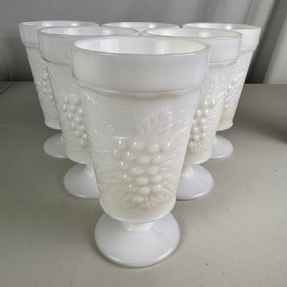 Anchor Hocking Harvest Grape Pattern Milk Glass Goblets- Set Of 6